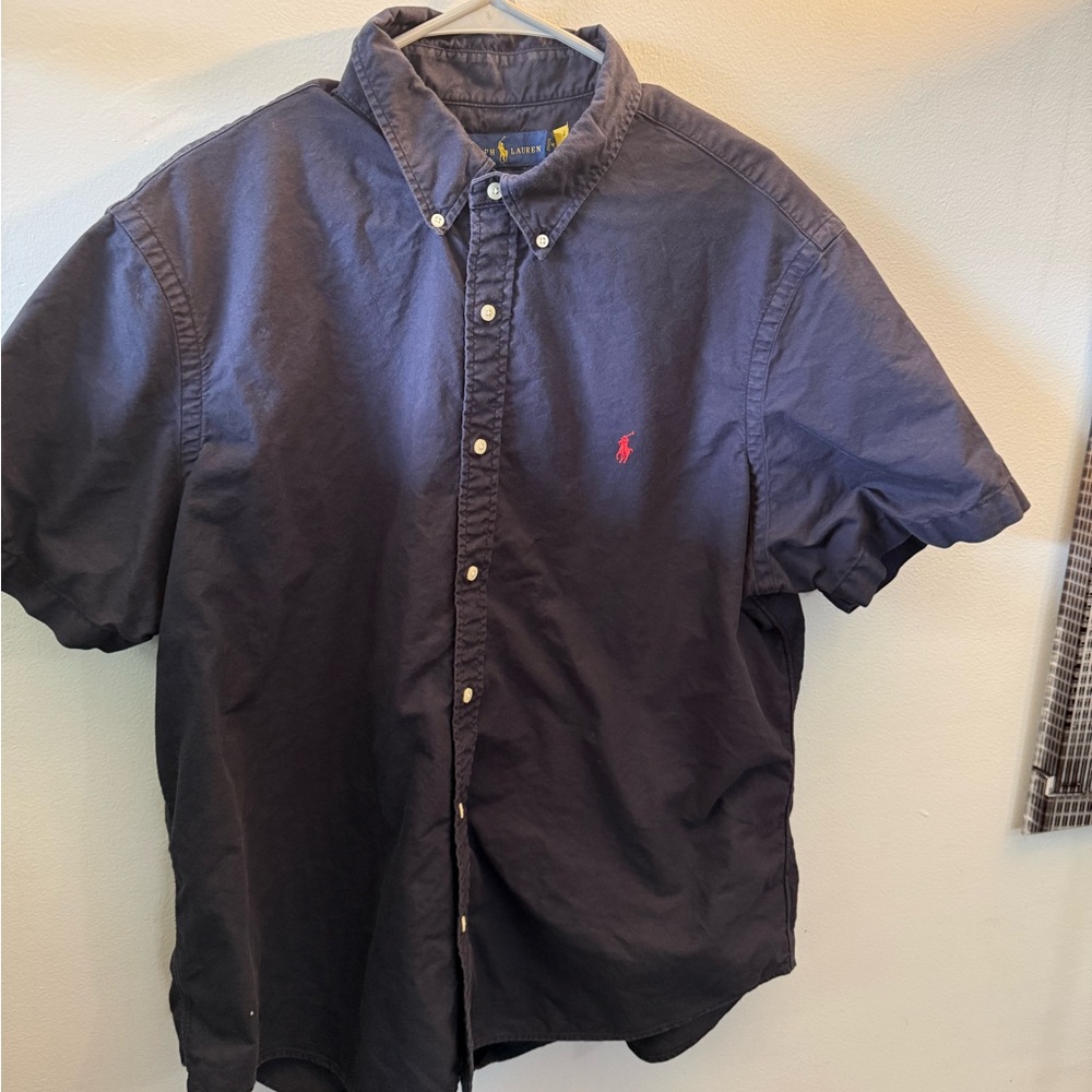 Ralph Lauren Navy Short-Sleeve Button-Down with Red Pony Embroidery
